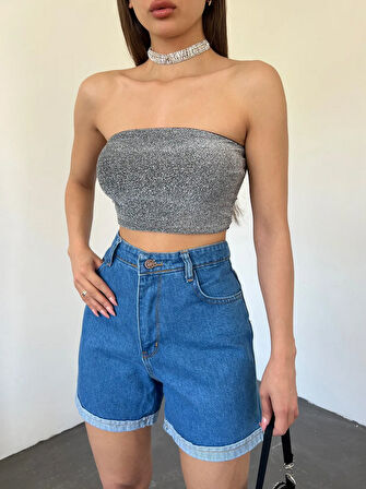 Kadın Duble Paça Yıkamalı Denim Şort