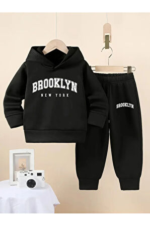 BROOKLYN  BASKILI UNİSEX KAPÜŞONLU ALT ÜST PAMUKLU EŞOFMAN TAKIMI