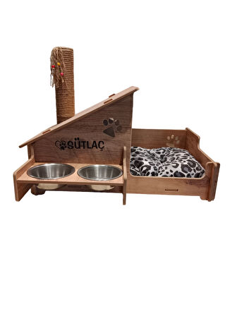 Kedi Evi - Özel İsim Baskılı - Tırmalama Çubuklu - Meşe MDF - Çelik Kase - 2*350ml