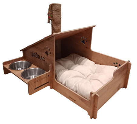 Kedi Evi - Özel İsim Baskılı - Tırmalama Çubuklu - Meşe MDF - Çelik Kase - 2*350ml