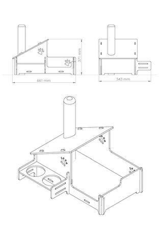 Kedi Evi - Özel İsim Baskılı - Tırmalama Çubuklu - Meşe MDF - Çelik Kase - 2*350ml