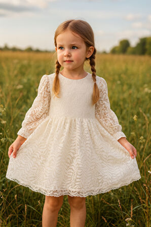 Kız Çocuk Elbise Uzun Kollu Fiyonklu Dantel Detaylı Sırt Baglamalı Bayramlık ve Özel Gün Elbisesi