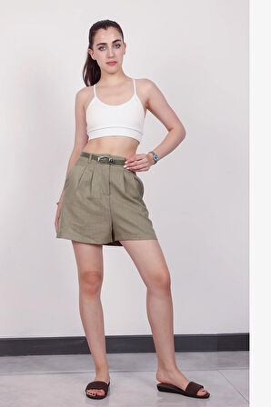 Kadın Haki Kemerli Şort