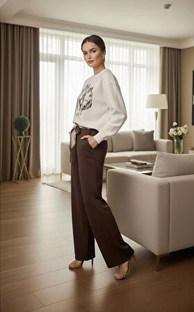 Kadın Eşofman Takım Krem At Figürlü Sweatshirt ve Kuşaklı Kahverengi Palazzo Kışlık Lüks 2li