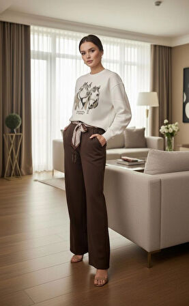 Kadın Eşofman Takım Krem At Figürlü Sweatshirt ve Kuşaklı Kahverengi Palazzo Kışlık Lüks 2li