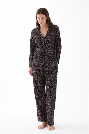 Kadın Siyah Düğmeli Kalp Desenli Pamuklu Pijama Takımı