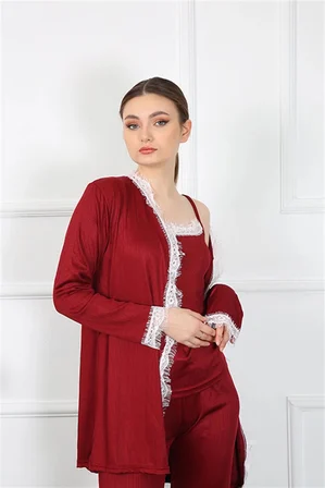 Kadın 3'lü Bordo Sabahlık Takım