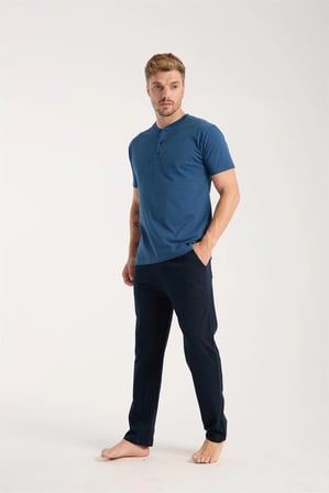 Erkek İndigo Düğmeli Yaka Kısa Kol Pijama Takımı