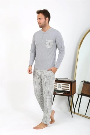 Erkek Uzun Kol Penye Gri Pijama Takımı