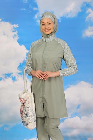 Kadın Pantolonlu Desenli Tam Tesettür Mayo Su Yeşili