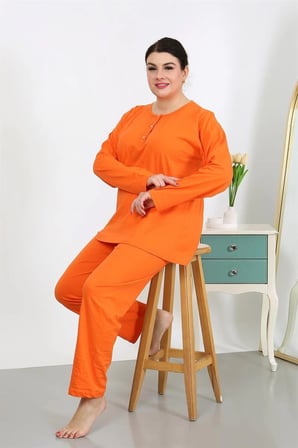 Kadın Büyük Beden Uzun Kol Penye Pijama Takımı Turuncu