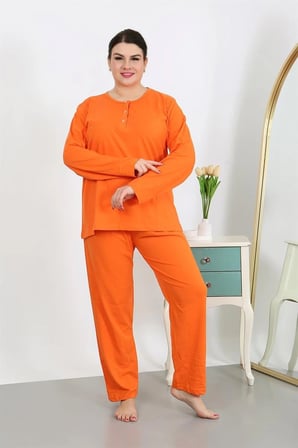 Kadın Büyük Beden Uzun Kol Penye Pijama Takımı Turuncu