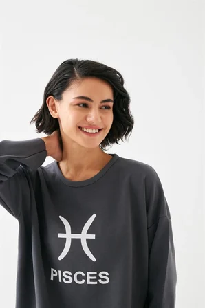 Kadın Füme Balık Burcu Oversize 2 İplik Eşofman Ev Giyim Takımı