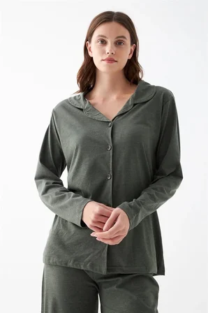 Kadın Haki Düğmeli Pamuklu Pijama Takımı