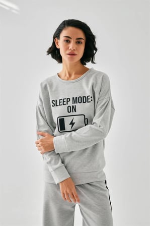 Kadın Gri Sleep Mode ON Oversize 2 İplik Eşofman Ev Giyim Takımı