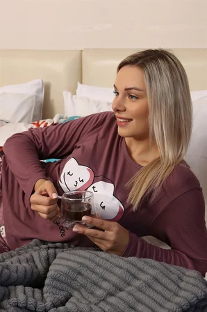 Kadın Penye Uzun Kol Pijama Takım Mürdüm