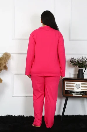 Kadın Büyük Beden Pamuklu Cepli Düğmeli Fuşya Pijama Takım