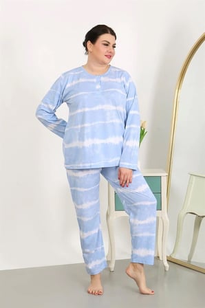 Kadın Büyük Beden Uzun Kol Penye Pijama Takımı Mavi