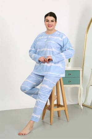Kadın Büyük Beden Uzun Kol Penye Pijama Takımı Mavi