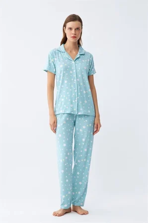 Kadın Buz Mavisi Yıldız Desenli Önden Düğmeli Pijama Takımı