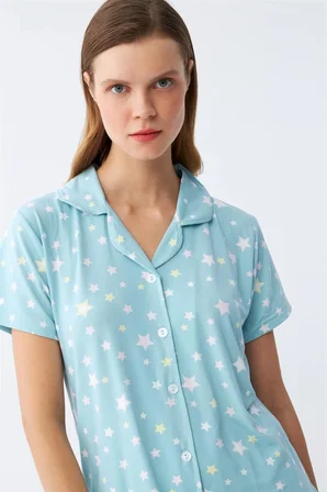 Kadın Buz Mavisi Yıldız Desenli Önden Düğmeli Pijama Takımı