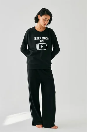 Kadın Siyah Sleep Mode ON Oversize 2 İplik Eşofman Ev Giyim Takımı
