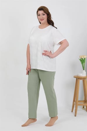 Kadın Büyük Beden Kısa Kol Penye Pijama Takımı Beyaz