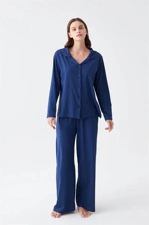 Kadın Lacivert Düğmeli Yaka Detaylı Pamuklu Pijama Takımı
