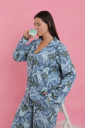 Kadın Büyük Beden Mavi Tropikal Desenli Düğmeli Pijama Takımı