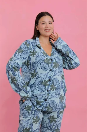 Kadın Büyük Beden Mavi Tropikal Desenli Düğmeli Pijama Takımı