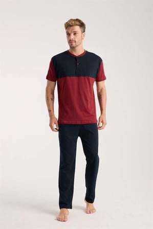 Erkek Bordo Düğmeli Yaka Kısa Kol Pijama Takımı