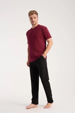 Erkek Bordo Düğmeli Yaka Kısa Kol Pijama Takımı