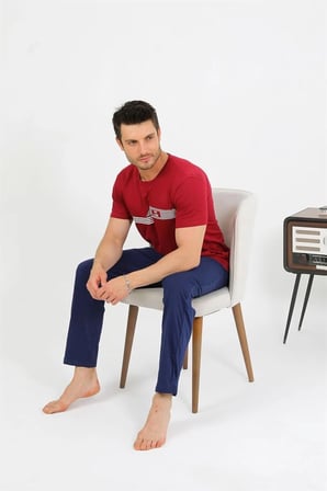 Erkek Pamuk Kısa Kol Pijama Takım Bordo