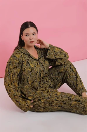 Kadın Büyük Beden Tropikal Yaprak Desenli Düğmeli Pijama Takımı