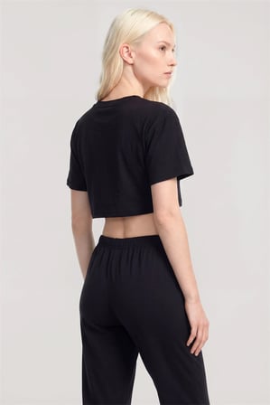 Kadın Siyah Baskılı Crop T-Shirt Pantolon Takım Rahat Günlük Spor Şık İkili Set