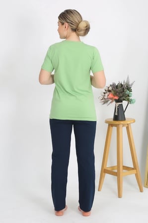 Kadın Kısa Kol Pamuk Penye Pijama Takım Fıstık Yeşili