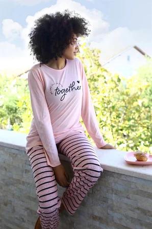 Kadın Penye Uzun Kol Pijama Takım Pembe