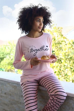Kadın Penye Uzun Kol Pijama Takım Pembe