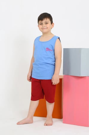 Erkek Çocuk Sıfır Kol Şortlu Mavi Penye Pijama Takımı