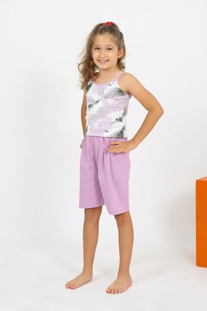 Kız Çocuk İp Askılı Şortlu Penye Lila Pijama Takım