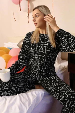 Kadın Uzun Kol 3 İplik Penye Pijama Takım Siyah