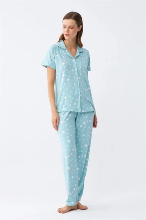Kadın Buz Mavisi Yıldız Desenli Önden Düğmeli Pijama Takımı