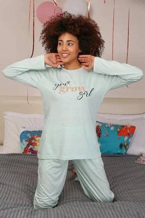 Kadın Penye Uzun Kol Pijama Takım Su Yeşili