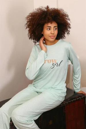Kadın Penye Uzun Kol Pijama Takım Su Yeşili