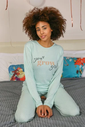 Kadın Penye Uzun Kol Pijama Takım Su Yeşili