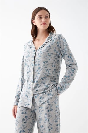 Kadın Gri Desenli Düğmeli Pamuklu Pijama Takımı