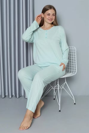 Kadın Büyük Beden Penye Uzun Kol Pijama Takım Su Yeşili