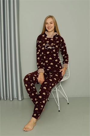 Polar Kadın Kapşonlu Pijama Takımı Bordo