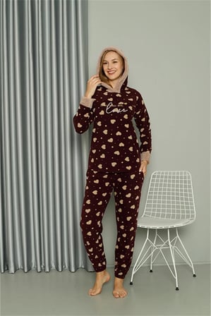 Polar Kadın Kapşonlu Pijama Takımı Bordo