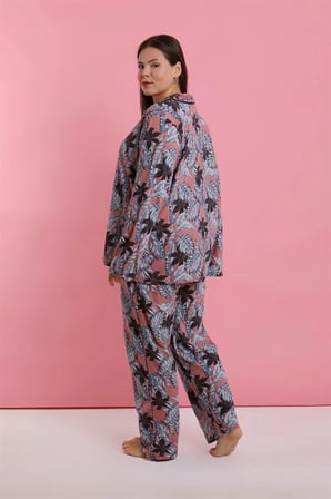 Kadın Büyük Beden Somon Yaprak Desenli Düğmeli Pijama Takımı